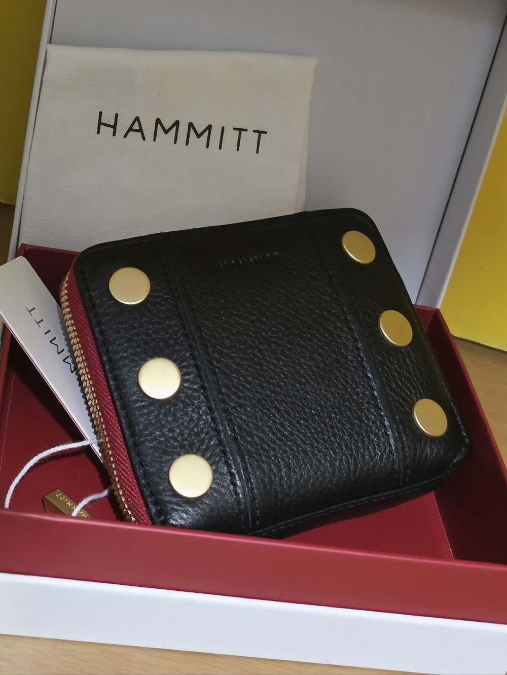 Hammitt Black Leather Zip Wallet with Gold Stud Accents and Red Zip - Picture 2 of 6